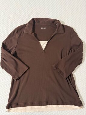 Brown Collared V-Neck Long Sleeve Top with Cream Trim